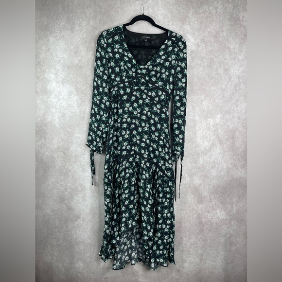 Intermix Floral Long Sleeve Silk Tiered Dress In Black Green Women's Size 2 - Picture 3 of 13